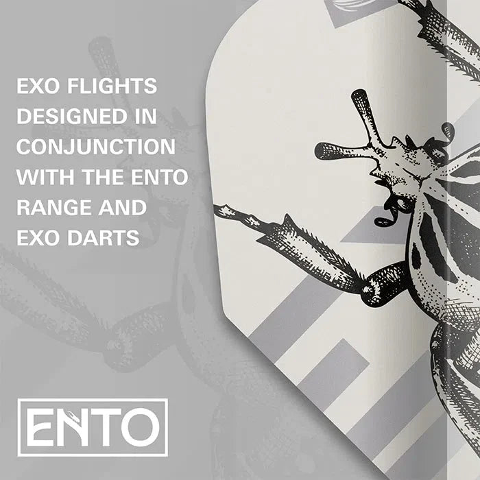 Close-up angled view of Exo 2.0 dart flight featuring detailed insect illustration and bold graphics for dart players