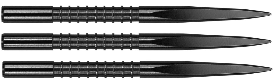 Set of three black dart points top-down, showing precision machined grip grooves and sharp steel tips on white background