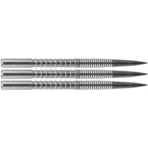 Three steel dart points side by side, showing horizontal ridges, grooved grip sections, and precision tapered tips on white background
