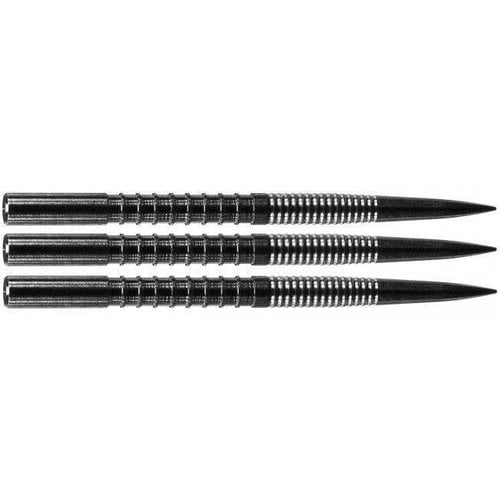 Three steel dart points with precision grip ridges displayed horizontally on white background
