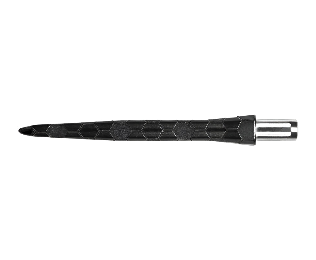 Full Firestorm Onyx dart point isolated on white, showing hexagonal grip pattern and tapered steel tip for reduced flight deflection