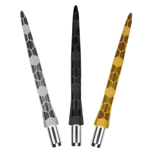 Three machined dart points in silver, black, and gold with hexagonal grip design displayed upright on white background