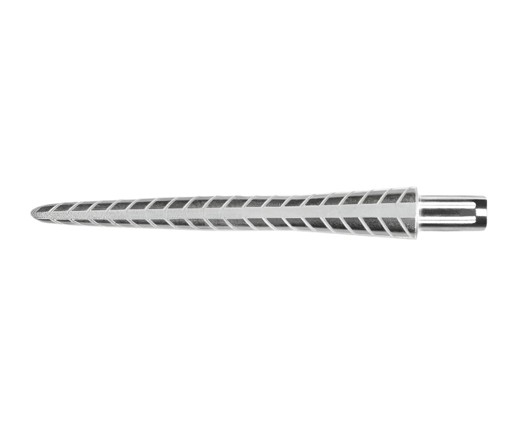 Single Firestorm Quartz dart point isolated on white, showing spiral machined grooves and tapered steel tip for reduced deflection