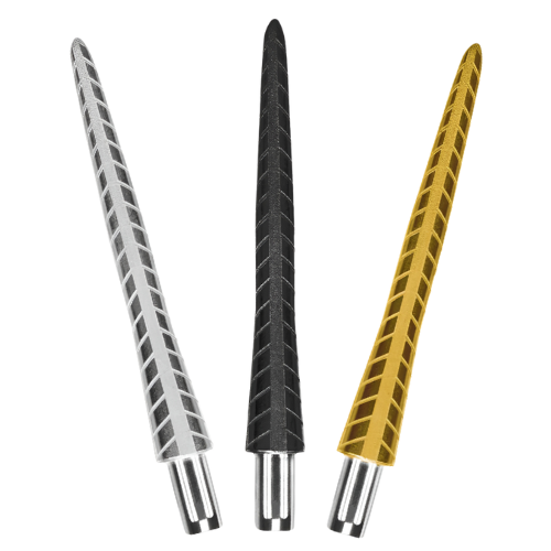 Three Firestorm Quartz dart points upright, silver, black, gold, textured grip, isolated on white background