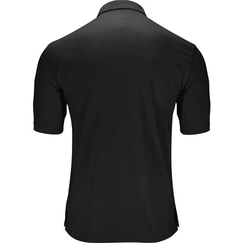 Back view of black darts shirt with collar and short sleeves, full product display for dart players
