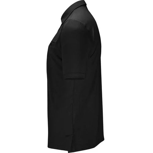 Side view darts shirt in black, short sleeve, athletic fit, isolated on white background for dart players