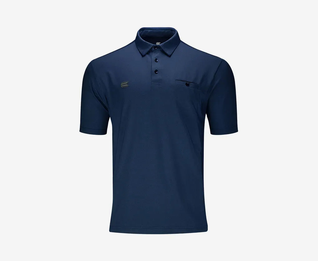 Navy blue darts shirt front view with button collar and chest pocket, isolated on white background for dart players