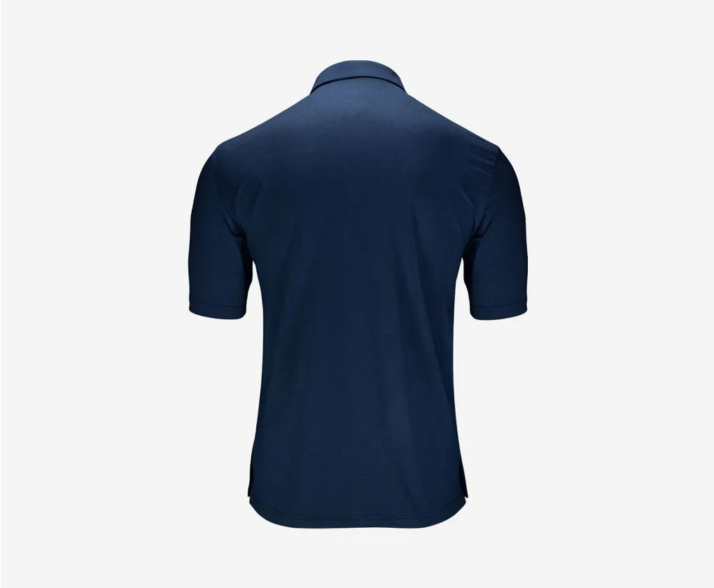 Navy darts shirt rear view on white background, highlighting back panel, short sleeves, and flexible athletic fit