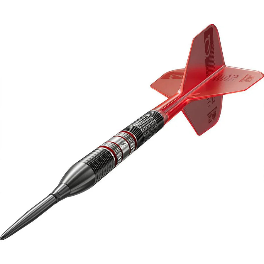 Angled tungsten dart isolated on white, highlighting barrel grip detail, red flight, and sleek soft tip for precision dart throwing.