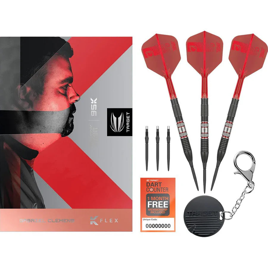 Complete tungsten darts set with three red flights, spare points, keychain, membership card, and branded packaging displayed flat
