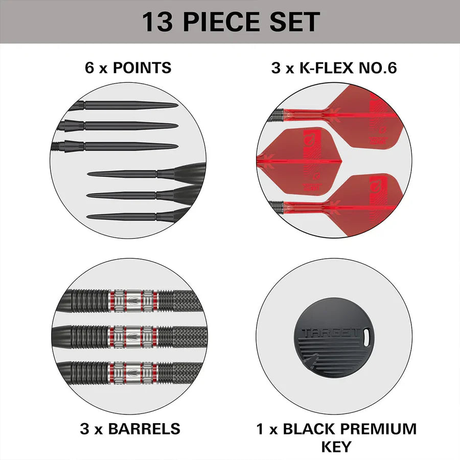 Top-down view of 13 piece tungsten darts set showing 6 dart points, 3 red No.6 flights, 3 grooved barrels, and 1 black premium key, isolated on white