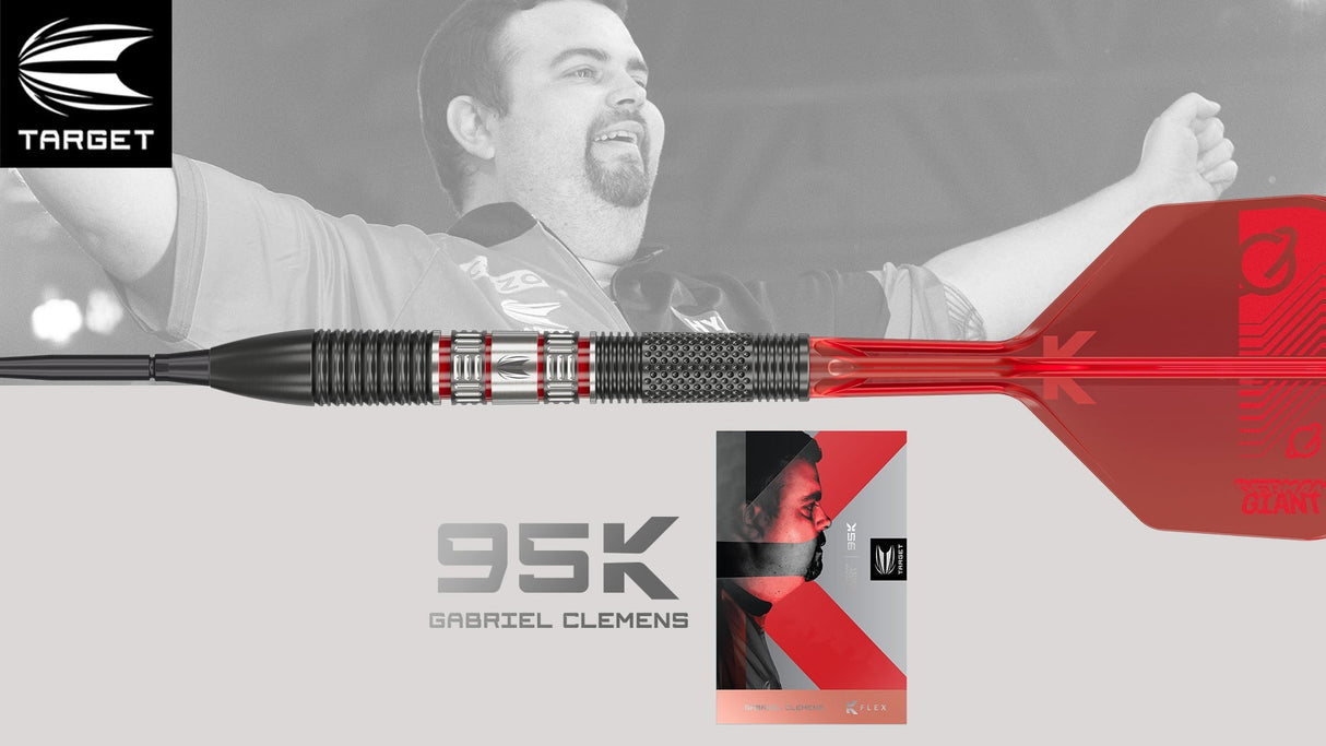 Full side view of Gabriel Clemens 95K tungsten dart showing detailed barrel grip, red flight, and packaging, ideal for darts buyers