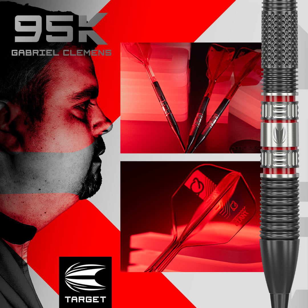 Angled and close-up views of 95% tungsten darts highlighting precision grip, metallic red rings, and flight design for dart players