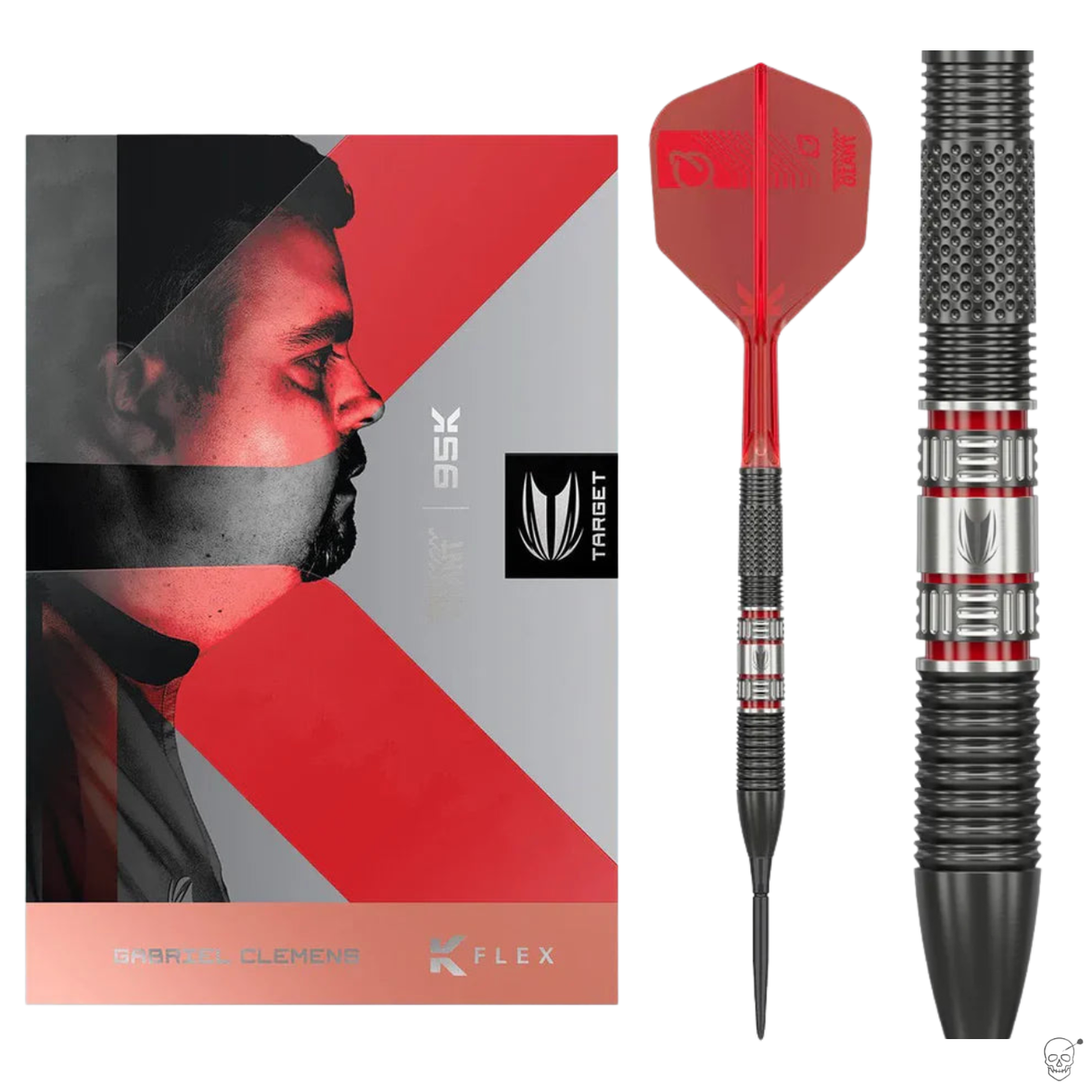 Gabriel Clemens 95% tungsten dart with red flight, detailed barrel grip, next to retail box, full dart shown on white background