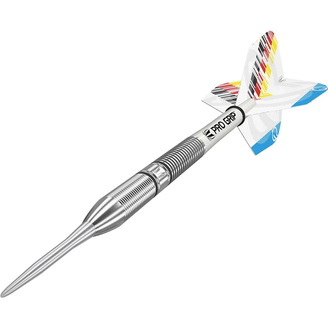 Angled full view tungsten dart with precision grip barrel, silver point, and multi-color flight on white background