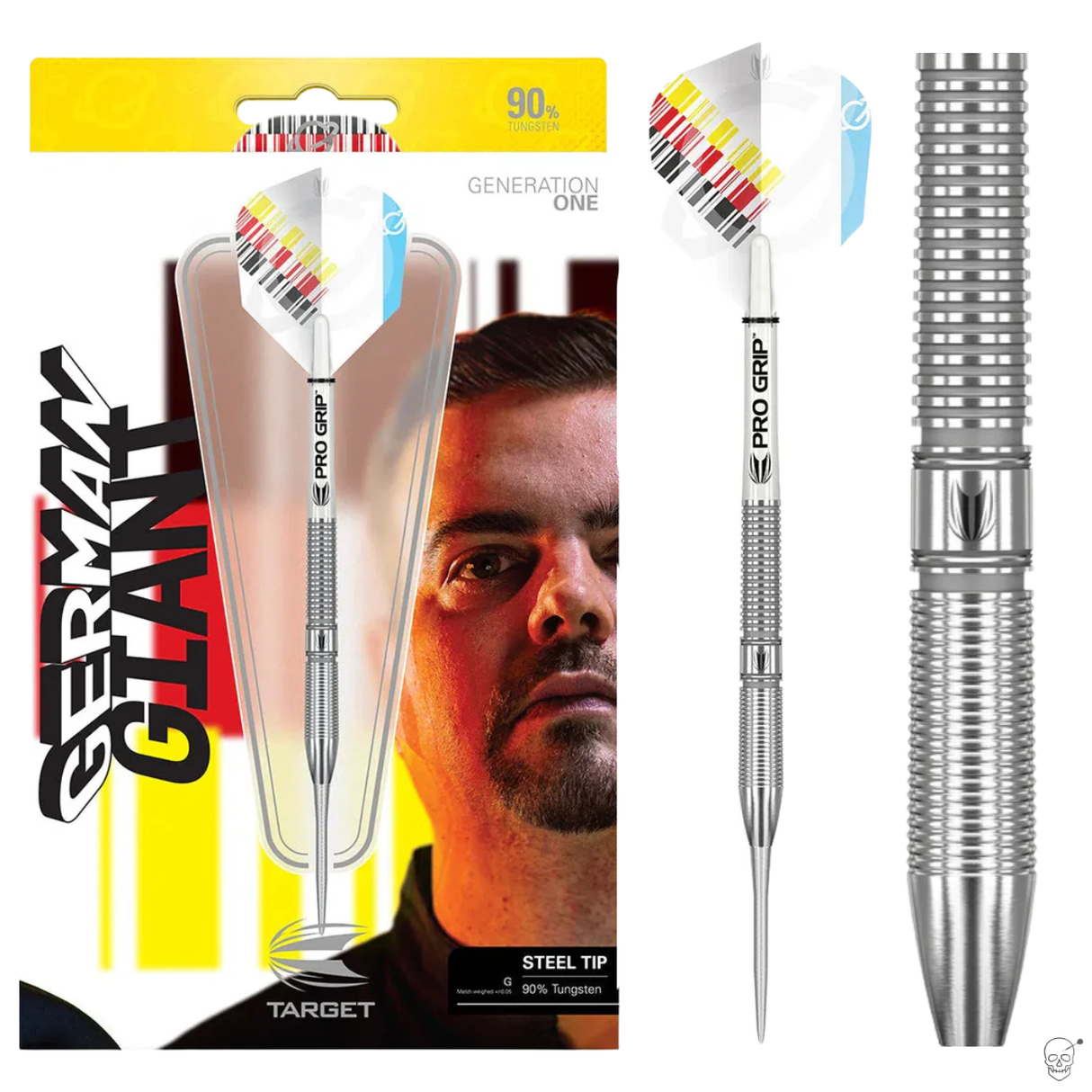 Steel tip 90% tungsten darts in retail box with textured grip barrel close-up, Pro Grip shaft and German Giant branding