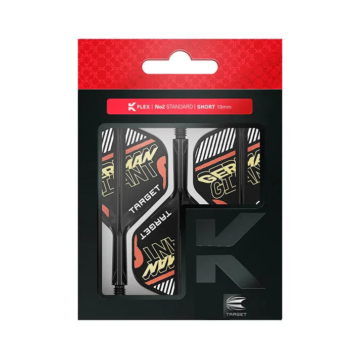 Dart flights and shafts in retail packaging, showing Gabriel Clemens K-Flex No.2 set with bold 'German Giant' graphics and short 19mm stems