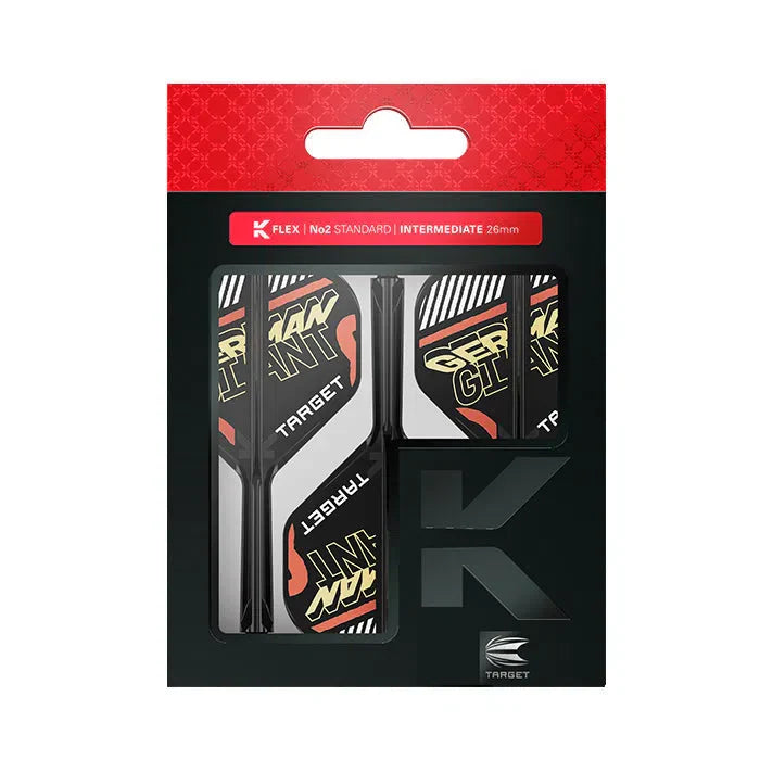 K-Flex No.2 standard dart flights and shafts in retail packaging, German Giant design, top-down view for darts buyers