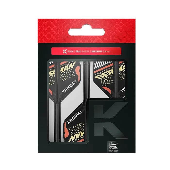 Dart flights and shafts in retail packaging, No2 shape K-Flex set, German Giant edition, full product view for buyers