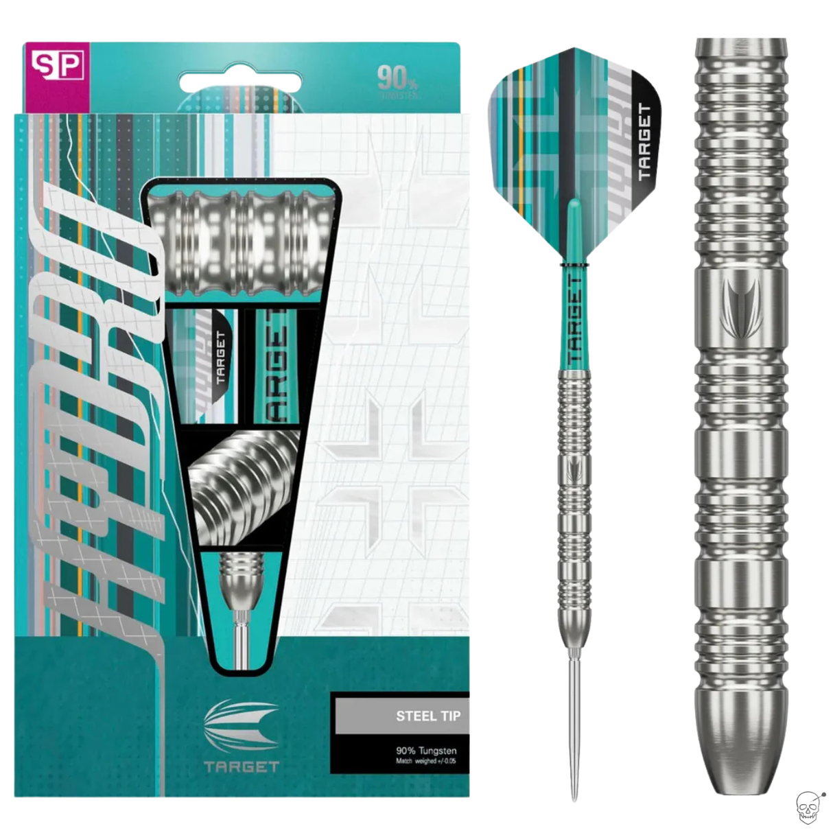 Steel tip tungsten darts in retail packaging with close-up of precision ring-grip barrel and full assembled dart for scale