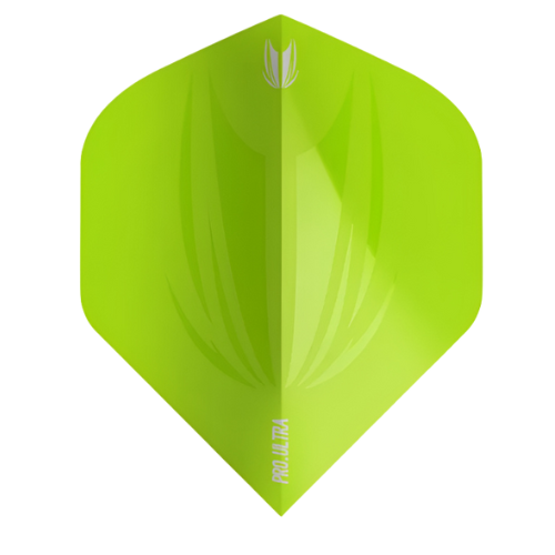 Lime green dart flight No.2 in full view, Pro Ultra text and textured wing pattern, isolated on white background