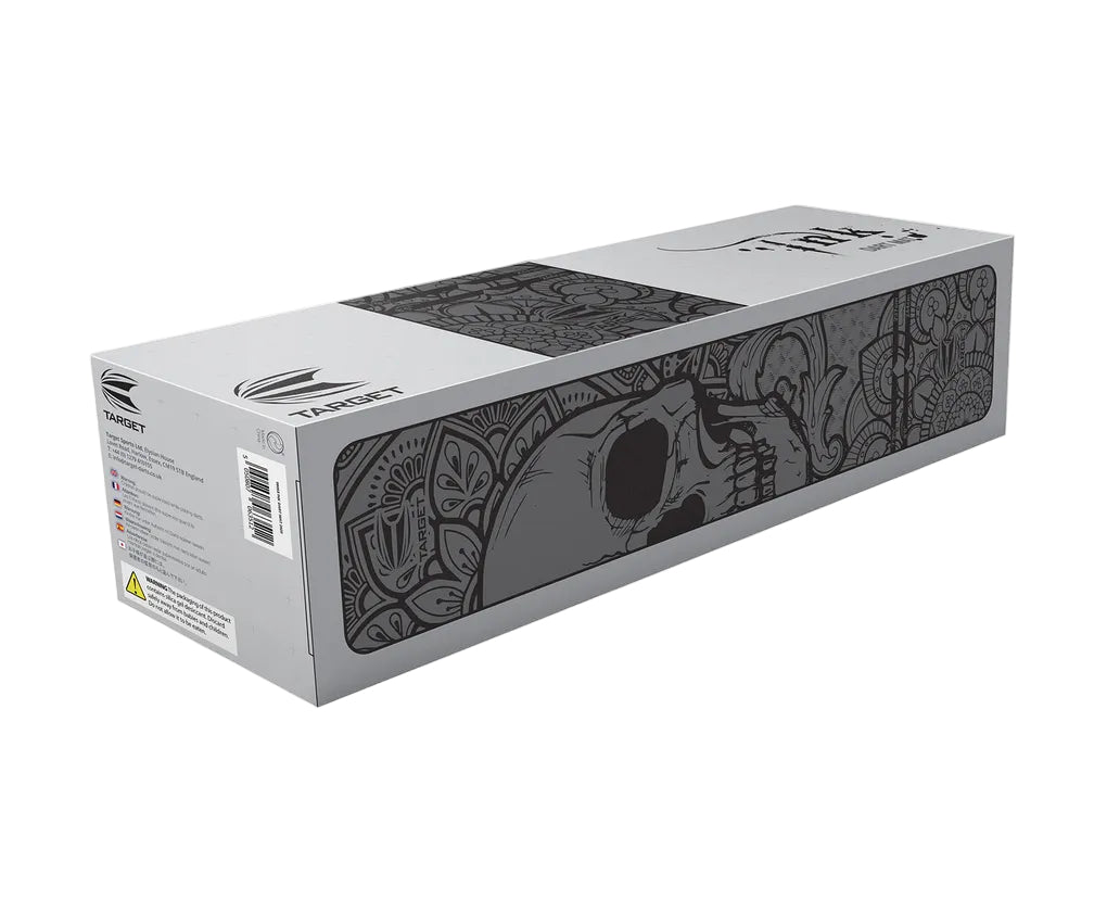 Angled packaging view of dart mat in box with detailed skull and floral ink tattoo design, isolated on white