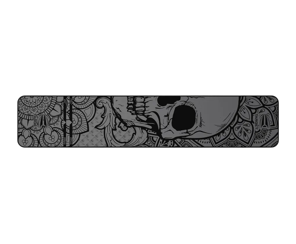 Top-down view of dart mat with skull and ink tattoo design, isolated on white background, full length displayed for darts setup