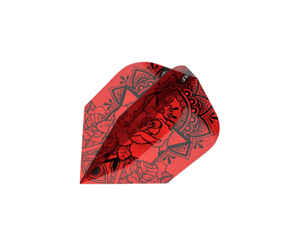 Angled close-up of red No.6 dart flight with detailed black rose and mandala artwork, isolated on white background