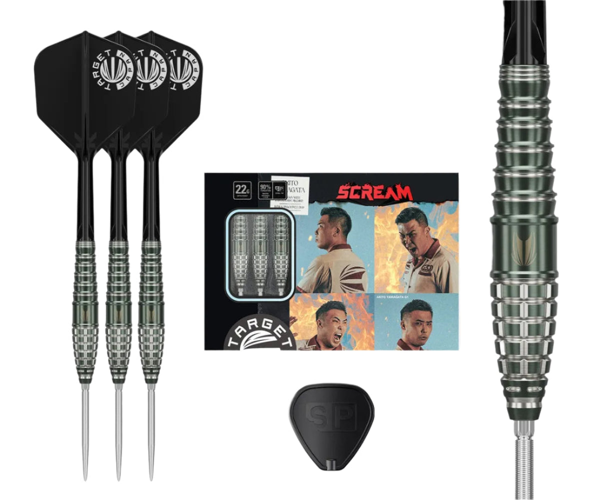 Steel tip dart set with three 90% tungsten darts, close-up barrel grip texture, box packaging, and spare flight on white background