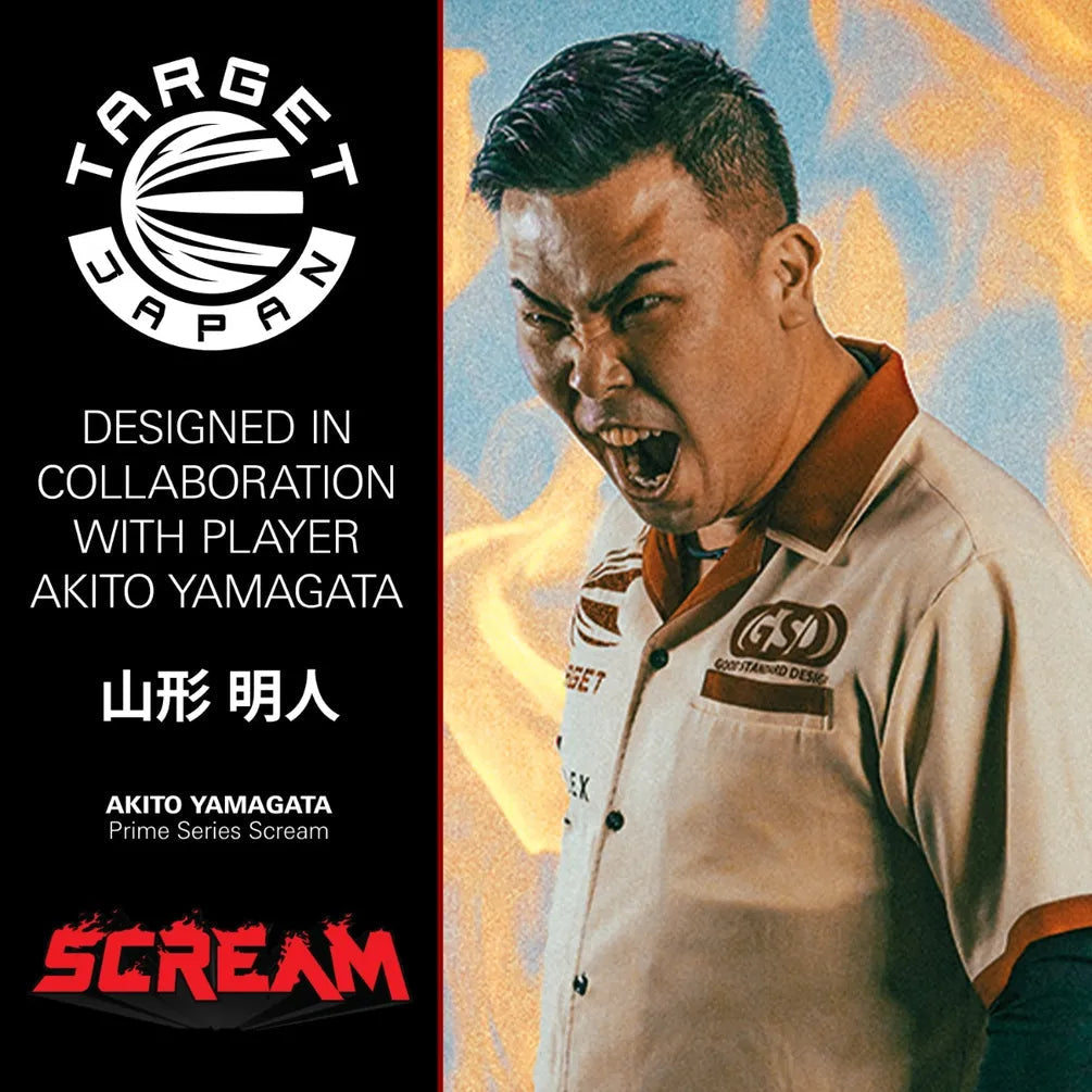 Promotional lifestyle shot of Akito Yamagata in dart shirt with flame background, highlighting Scream Prime Series collaboration