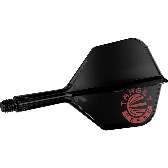 Black No.6 dart flight and shaft combo side view, red Target Japan logo, isolated on white background