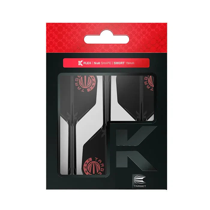 No.6 shape dart flights and shafts in retail packaging, black with red logo, window showing three assembled combos