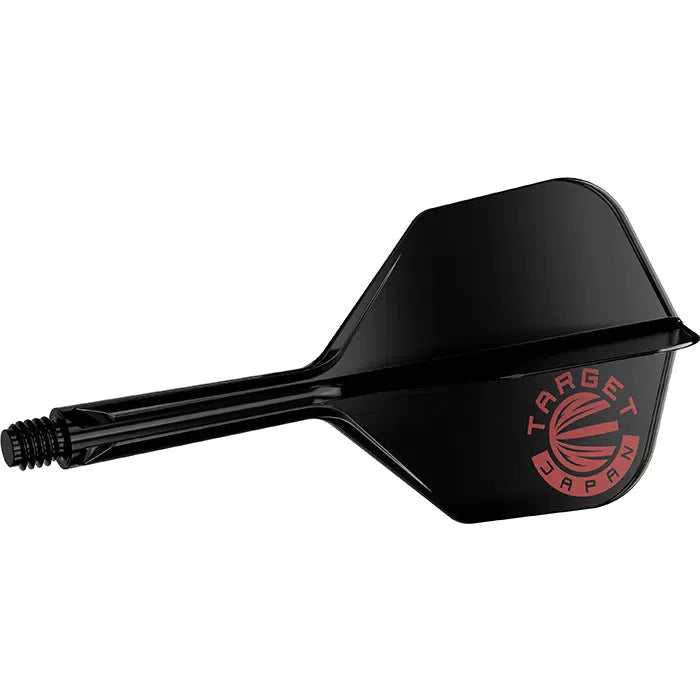 Black No.6 dart flight and shaft combo, angled full view, red Target Japan logo, isolated on white background.