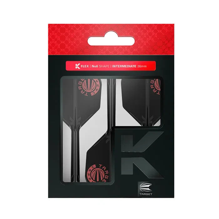 No.6 K-Flex dart shafts and flights combo in black with red logo, intermediate 26mm, packaged for retail display