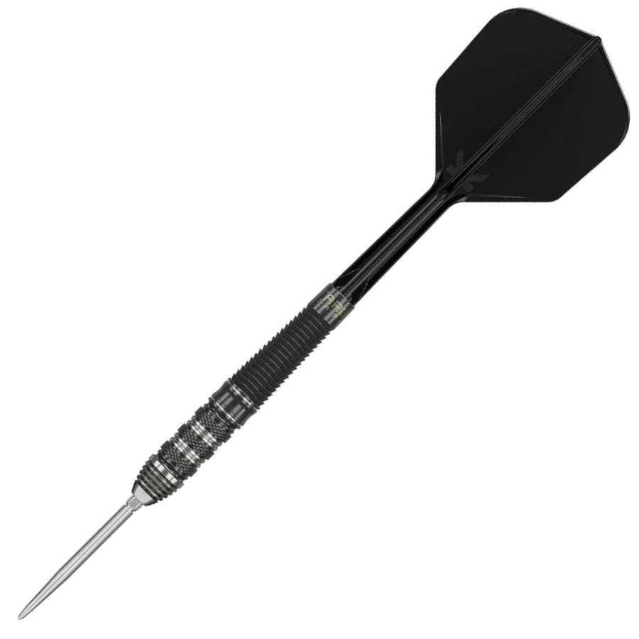 Angled view of tungsten steel tip dart with detailed grip, black shaft and flight, isolated on white background