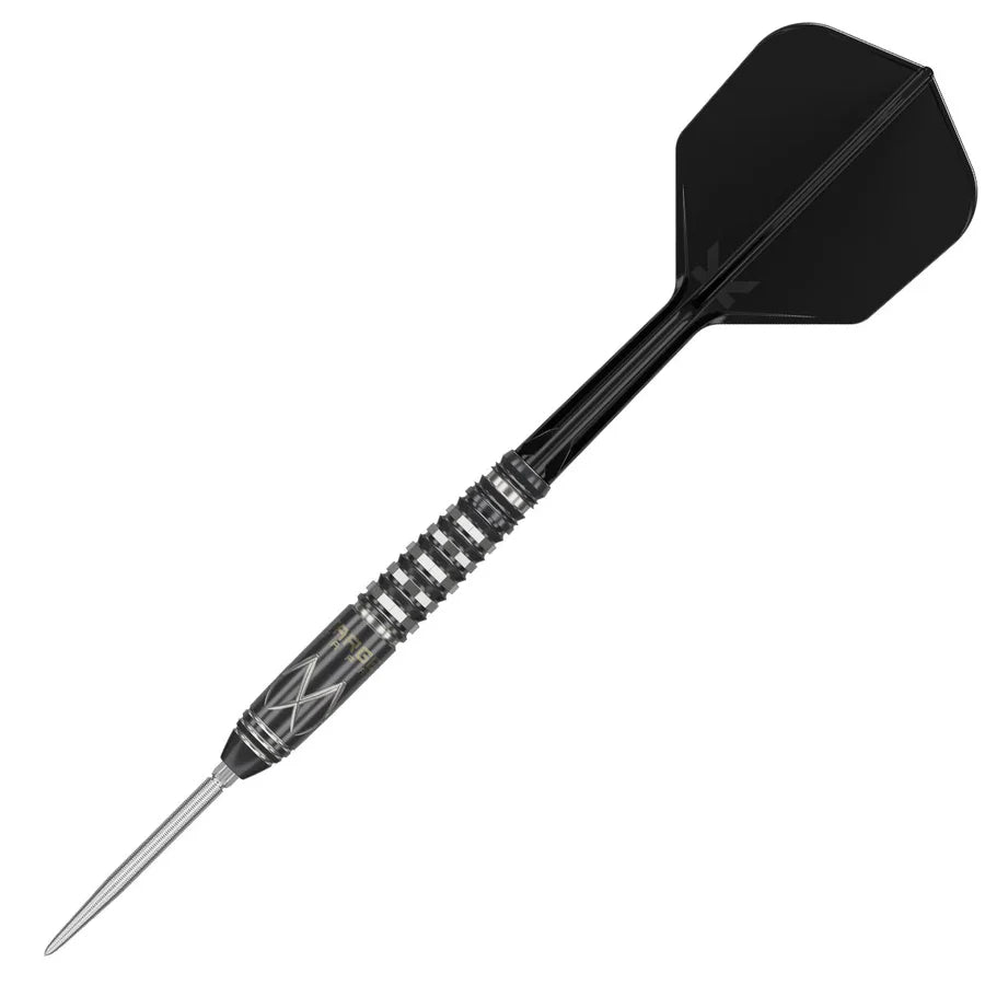 Steel tip dart with black flight, detailed barrel grip rings, and silver precision point isolated on white background
