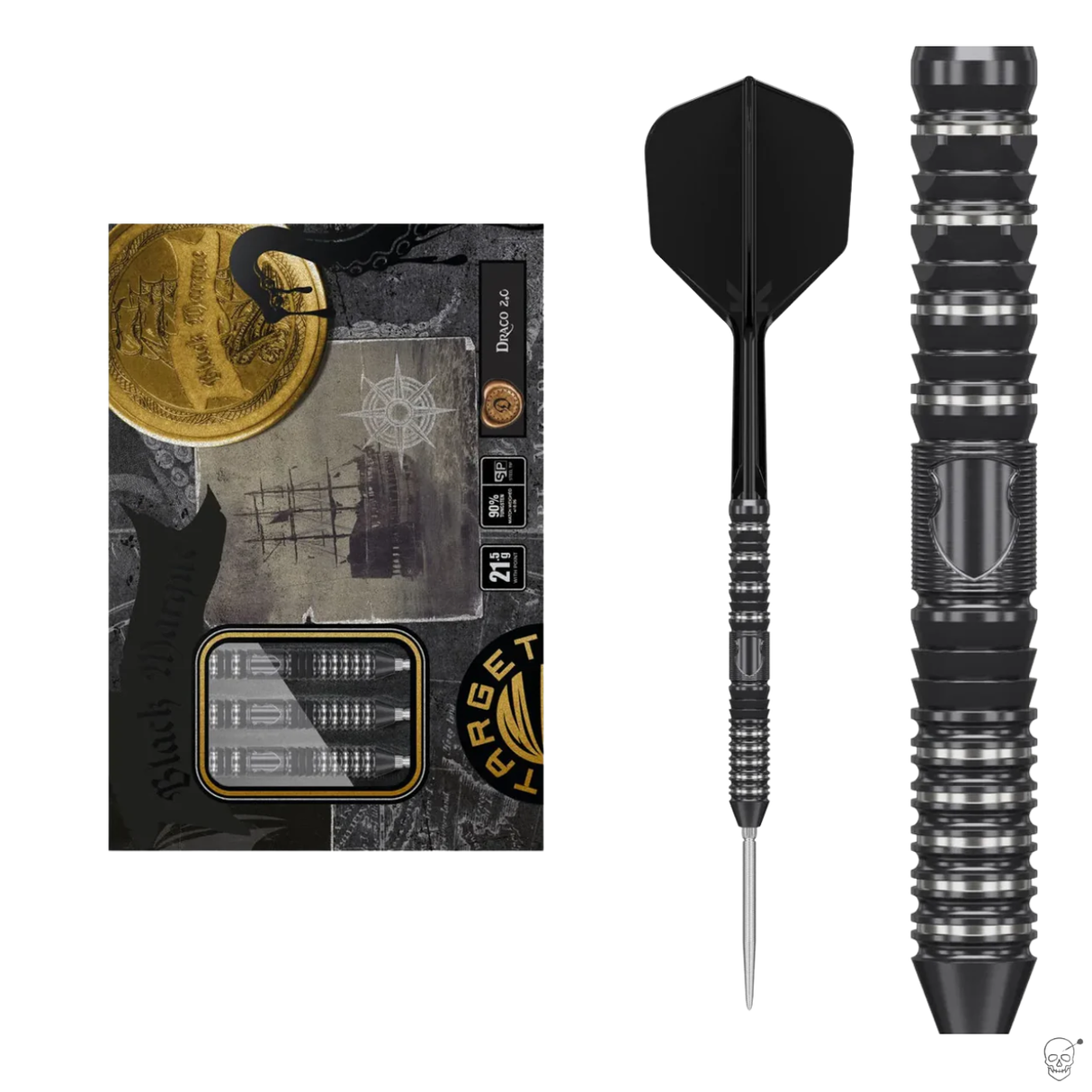 90% tungsten steel tip darts in retail packaging, detailed barrel grip texture, single assembled dart on white background