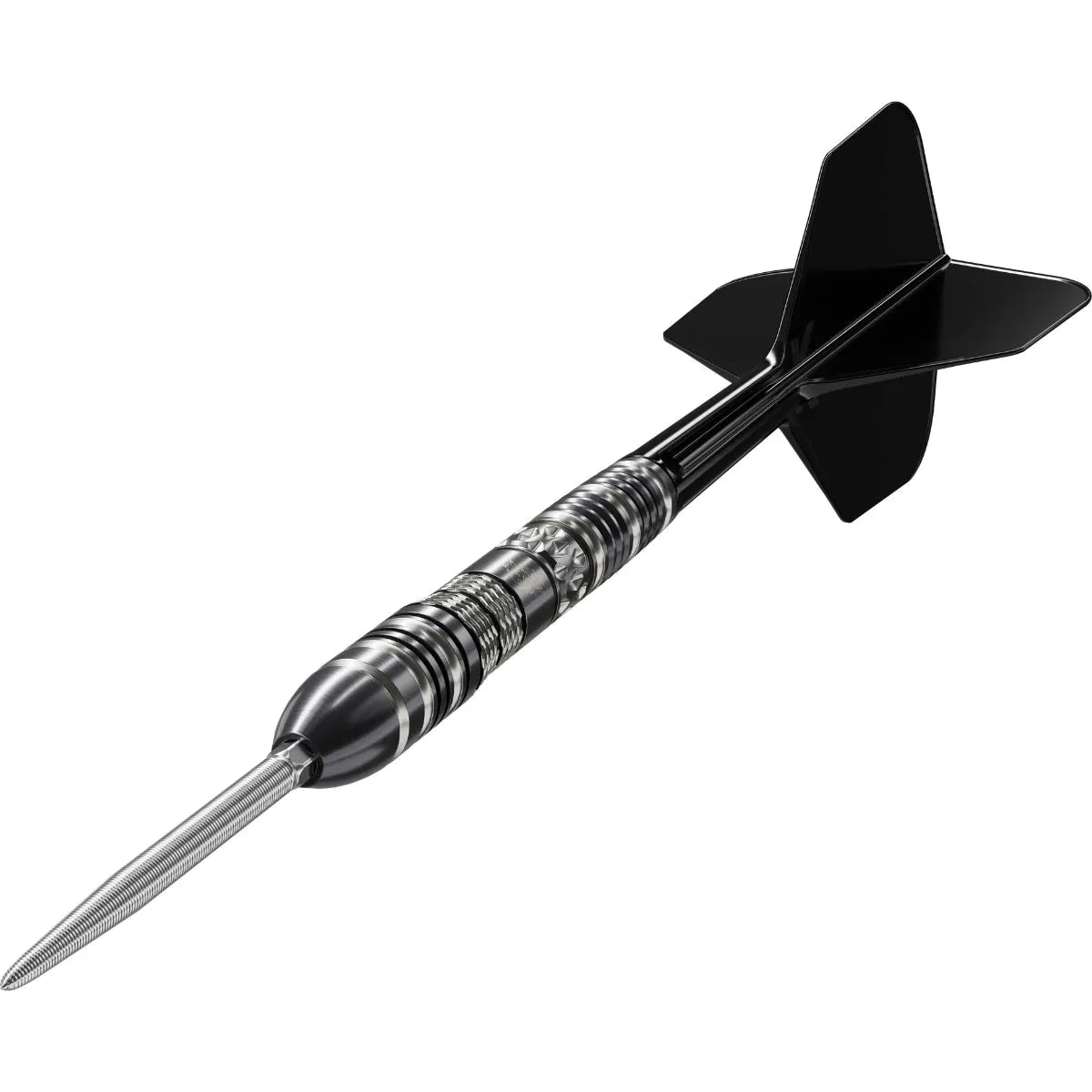 Angled view tungsten dart with detailed grip, black flights, and precision steel tip on white background