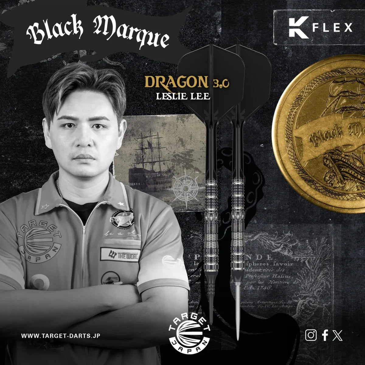 Angled view of Black Marque Dragon 3.0 tungsten darts set with black flights, detailed barrel grip, and commemorative coin