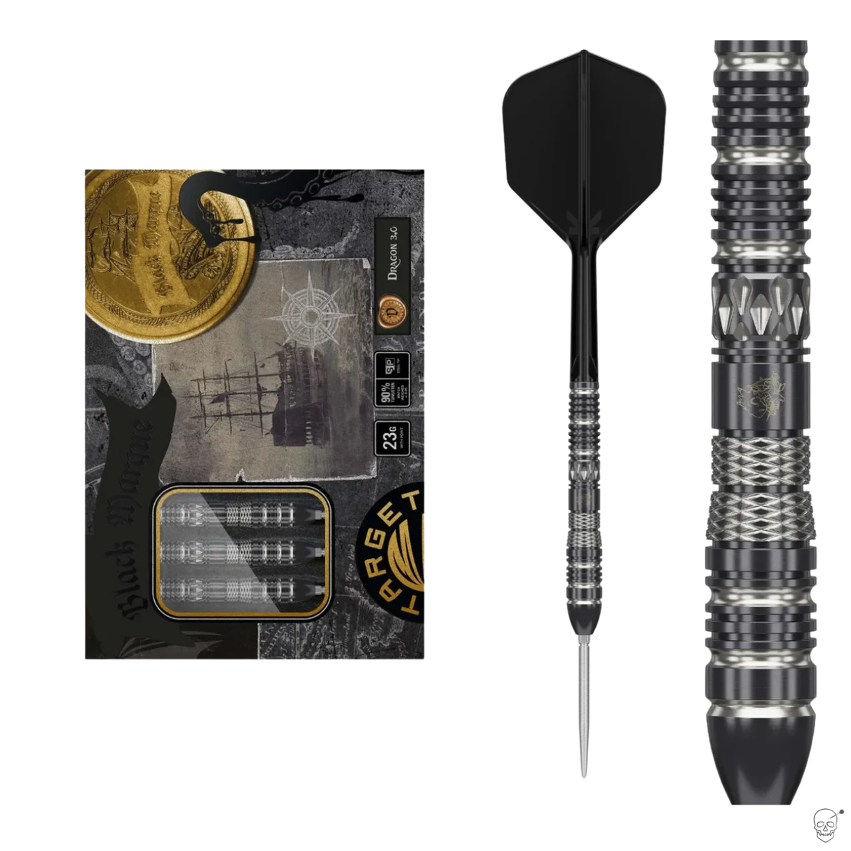 Tungsten darts set in retail packaging, side-by-side with complete dart and close-up barrel grip pattern on white background