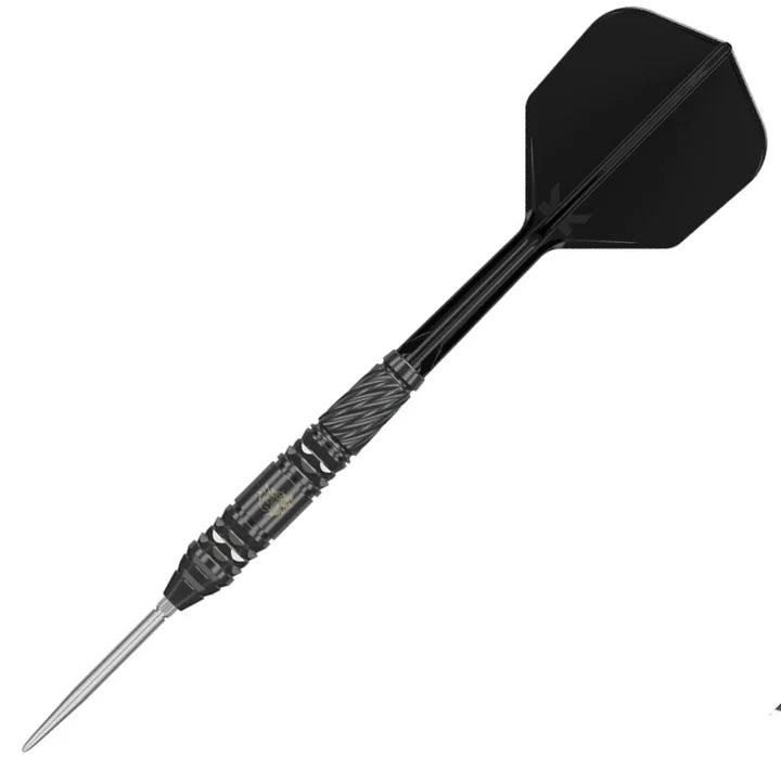 Steel tip dart with black flight and detailed tungsten barrel, angled view on white background, showcasing precision grip design