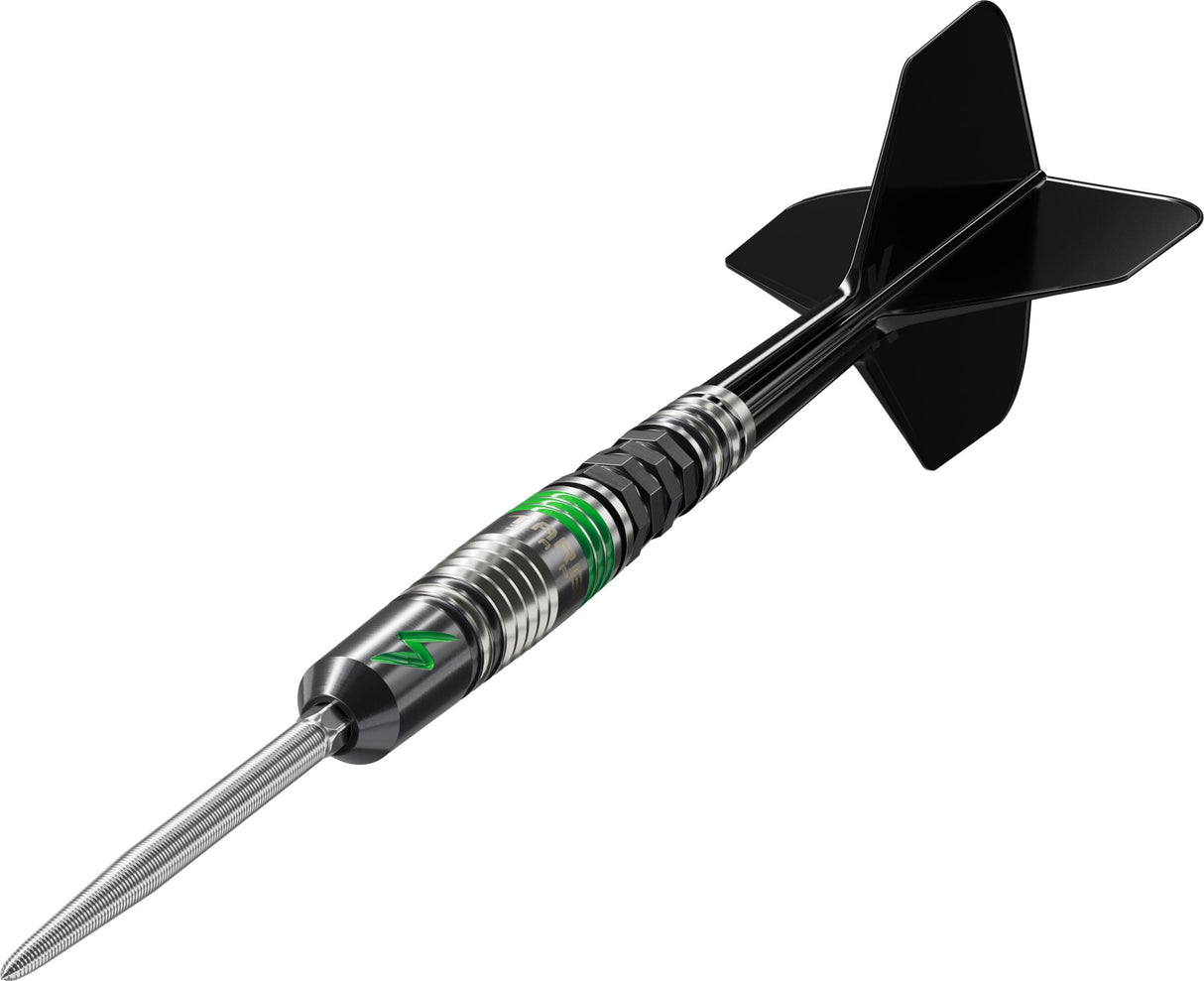 Angled view tungsten dart with polygonal cut grip, green accents, black shaft and flights, isolated on white background
