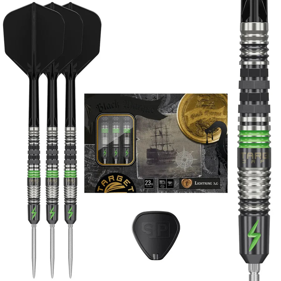 Full view of three tungsten darts on white background with packaging, spare flight, and close-up of barrel grip and green lightning design.