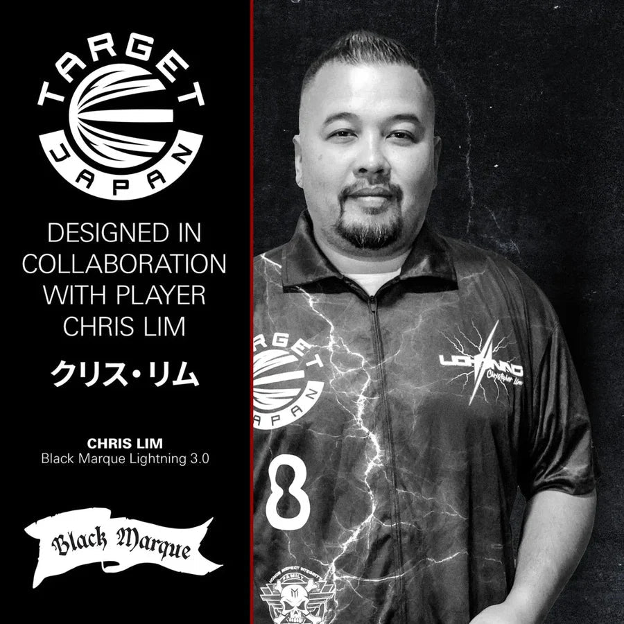 Darts player in lightning-themed shirt, collaboration announcement for Black Marque Lightning 3.0 tungsten darts, lifestyle view