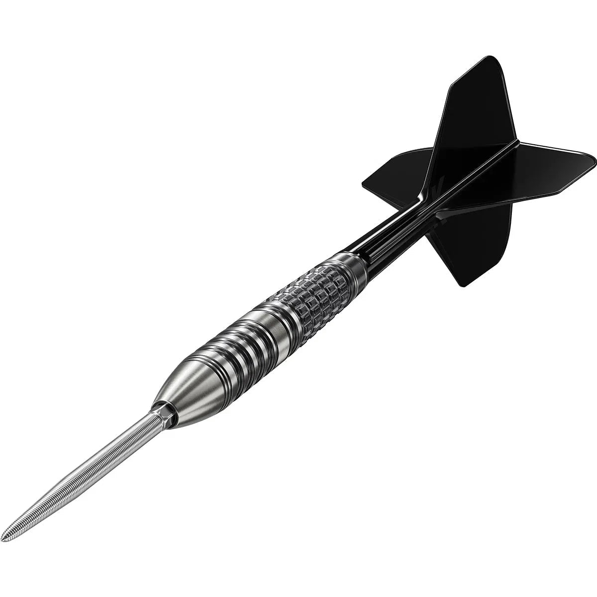 Angled view of steel tip tungsten dart with detailed knurled barrel grip and black flight, isolated on white background