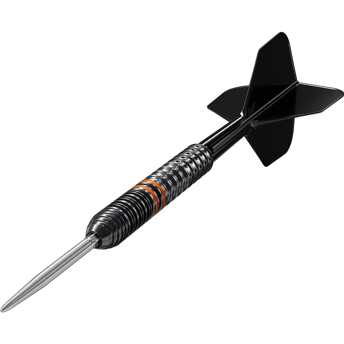 Angled view of tungsten steel tip dart with precision grip rings, black flights, and orange barrel accent on white background