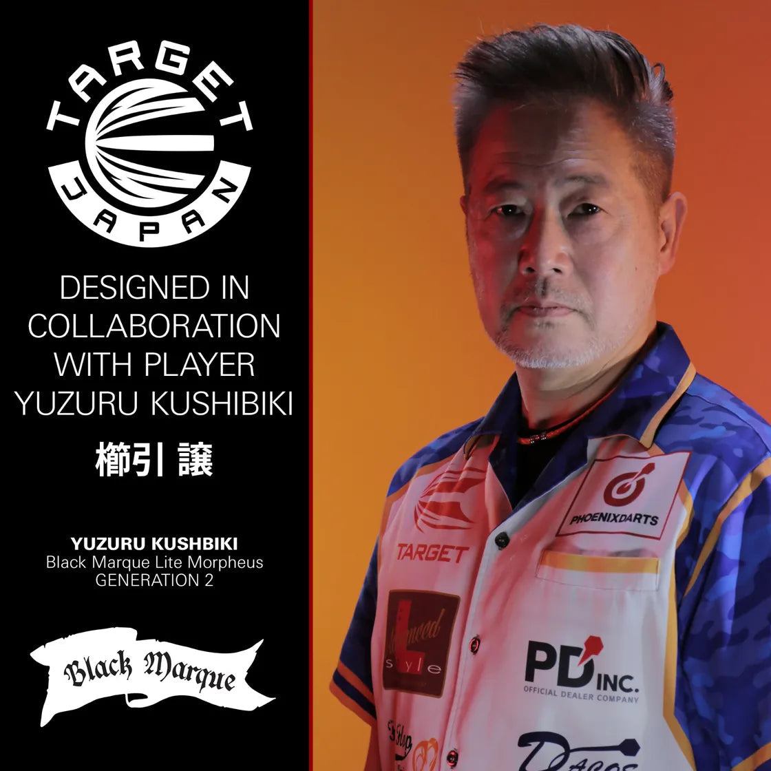 Professional darts player half-body lifestyle shot showcasing collaboration on Black Marque Morpheus 2.0 tungsten darts