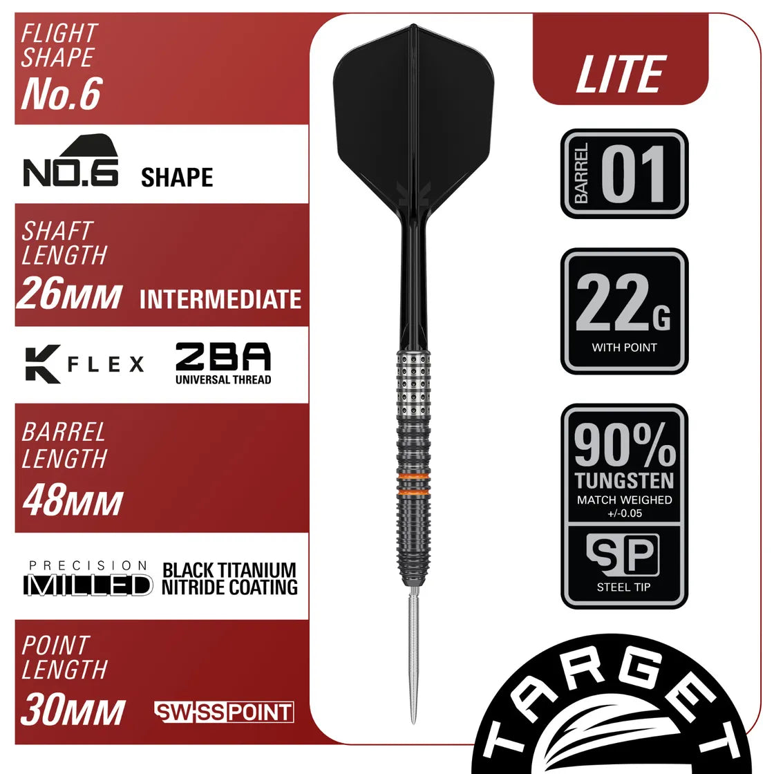 Full view of tungsten steel tip dart with milled barrel grip, No.6 flight, 26mm shaft, 22g weight, and technical specs for dart buyers