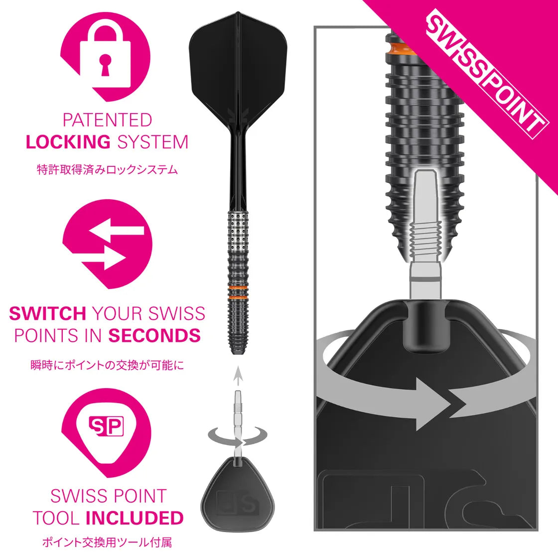 Full dart with Swiss Point system, close-up of tip locking mechanism, tool included for easy tungsten dart point swaps