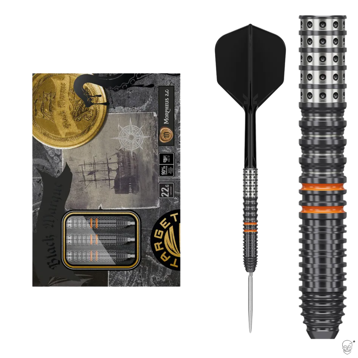 Full view of 90% tungsten steel tip dart with black flights, textured barrel grip, orange rings, and retail packaging display